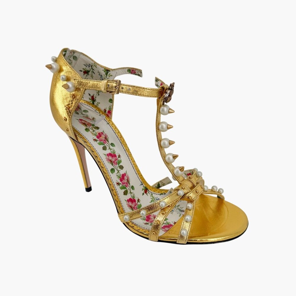 Gucci Regina Metallic Gold Pearl Studded T-Strap Heels Bee GG Size 37.5 US 7.5 - Picture 10 of 15